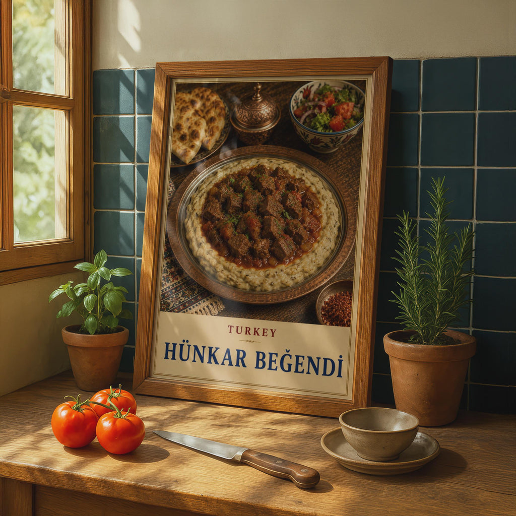 Hunkar Begendi Turkish Cuisine Poster, Ottoman Lamb & Aubergine Dish, Kitchen Wall Art (Printed Poster)