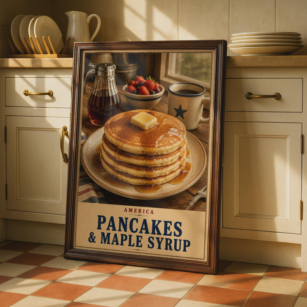 American Pancakes & Maple Syrup Poster, Retro Breakfast Wall Art, Rustic Diner Decor