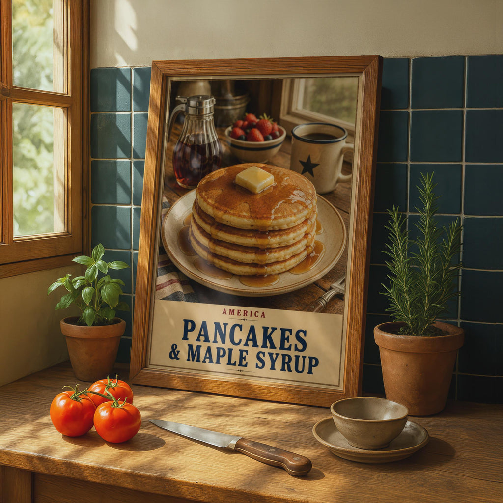 American Pancakes & Maple Syrup Poster, Retro Breakfast Wall Art, Rustic Diner Decor