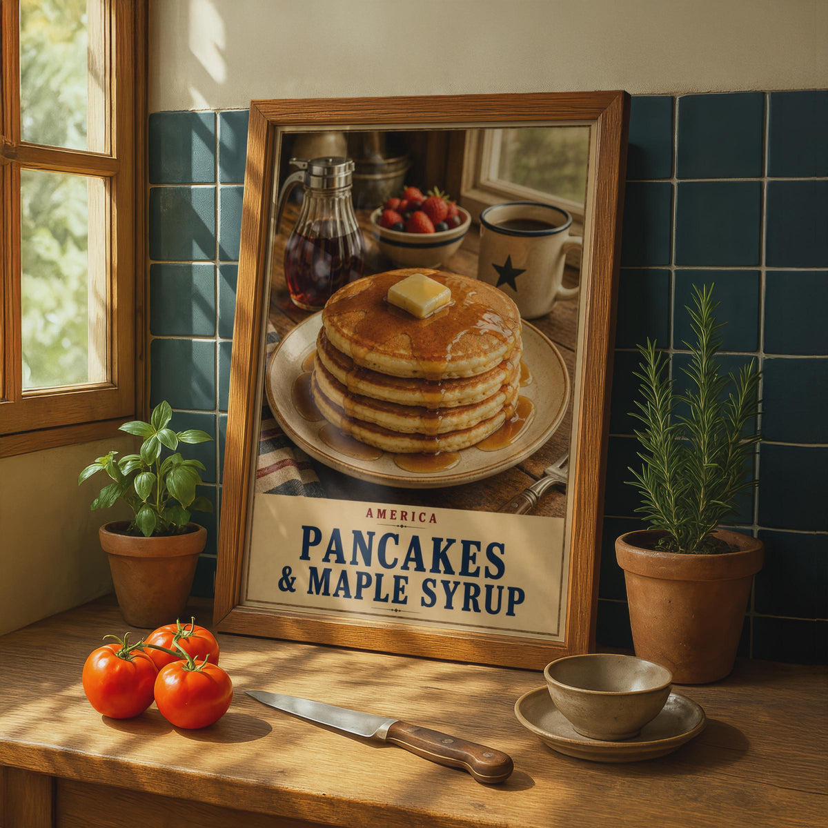 American Pancakes & Maple Syrup Poster, Retro Breakfast Wall Art, Rustic Diner Decor
