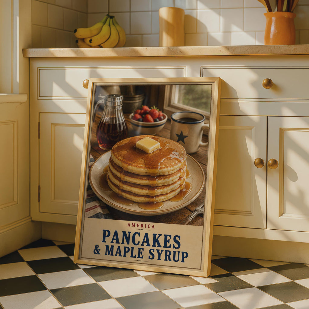 American Pancakes & Maple Syrup Poster, Retro Breakfast Wall Art, Rustic Diner Decor