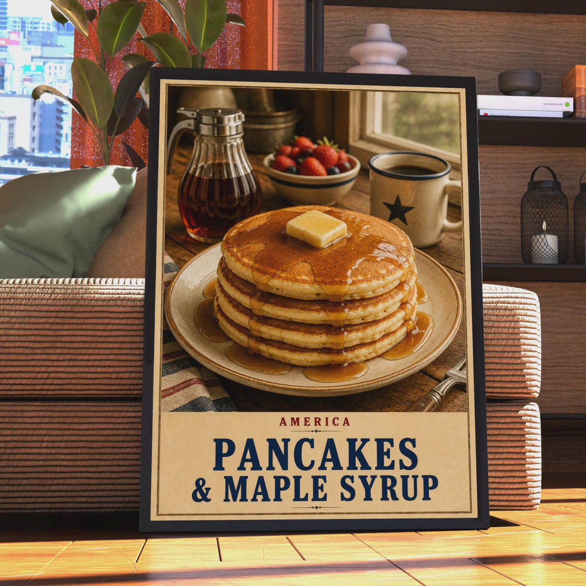 American Pancakes & Maple Syrup Poster, Retro Breakfast Wall Art, Rustic Diner Decor