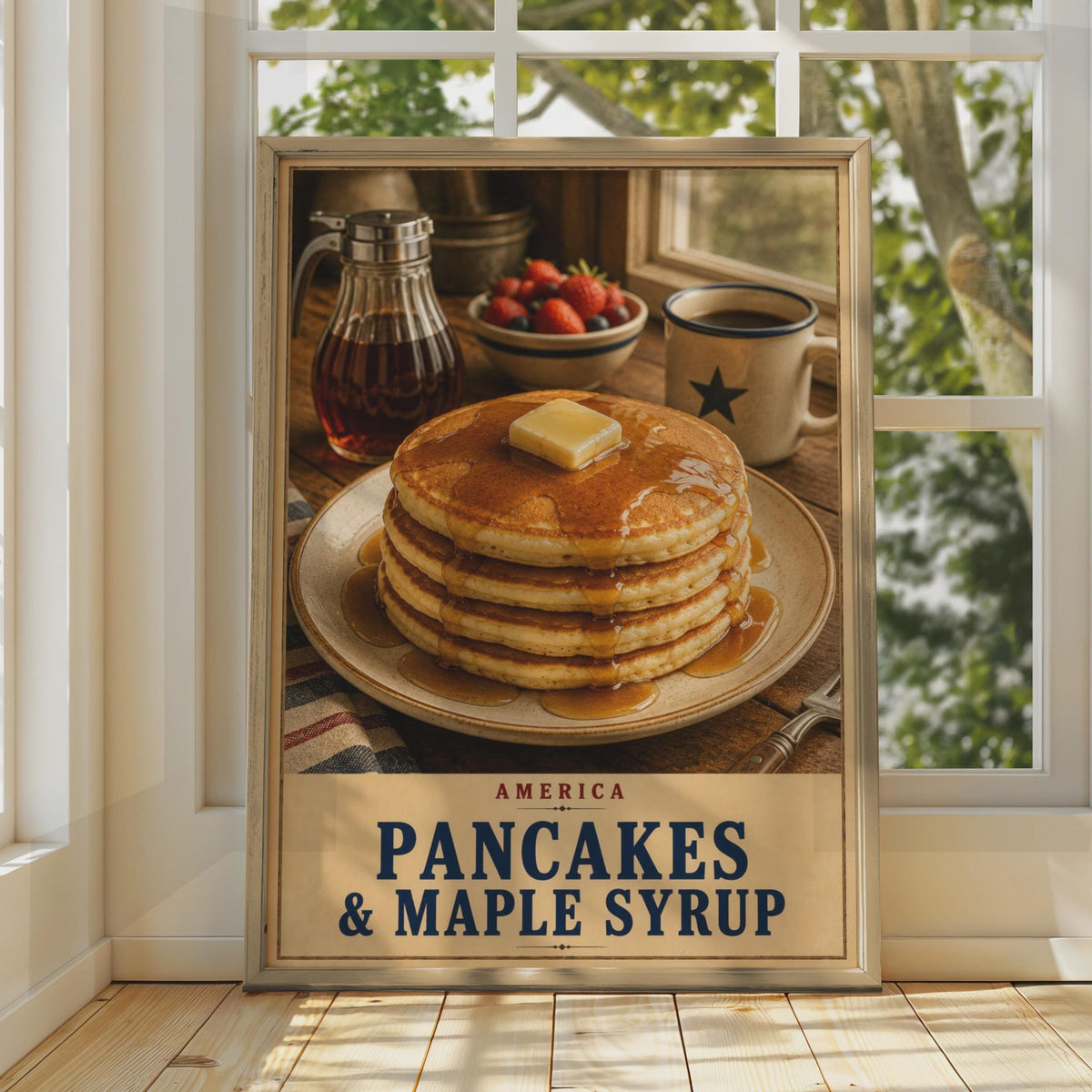 American Pancakes & Maple Syrup Poster, Retro Breakfast Wall Art, Rustic Diner Decor