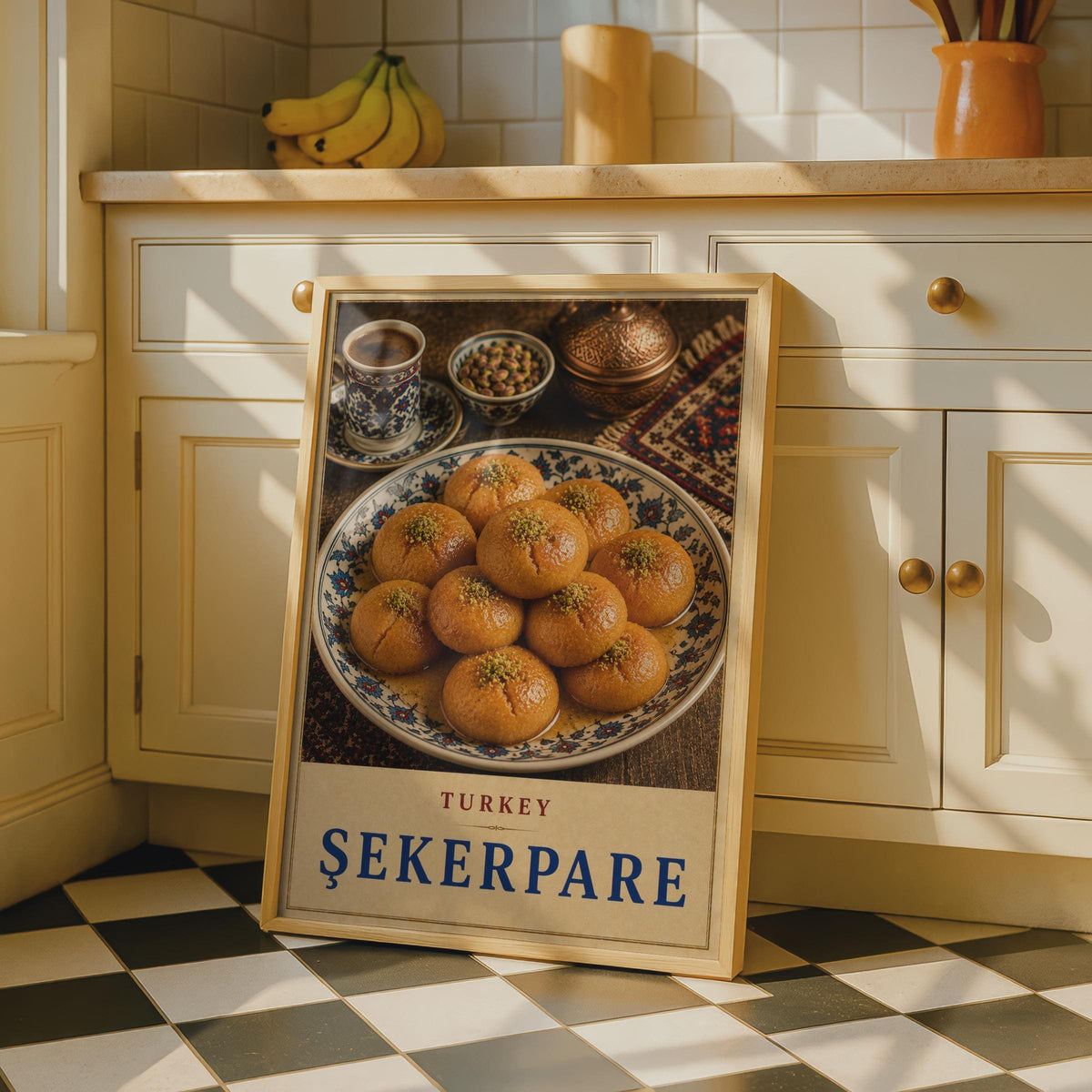 Sekerpare Turkish Dessert Poster, Pistachio Baklava, Ottoman Sweets Art (Print)
