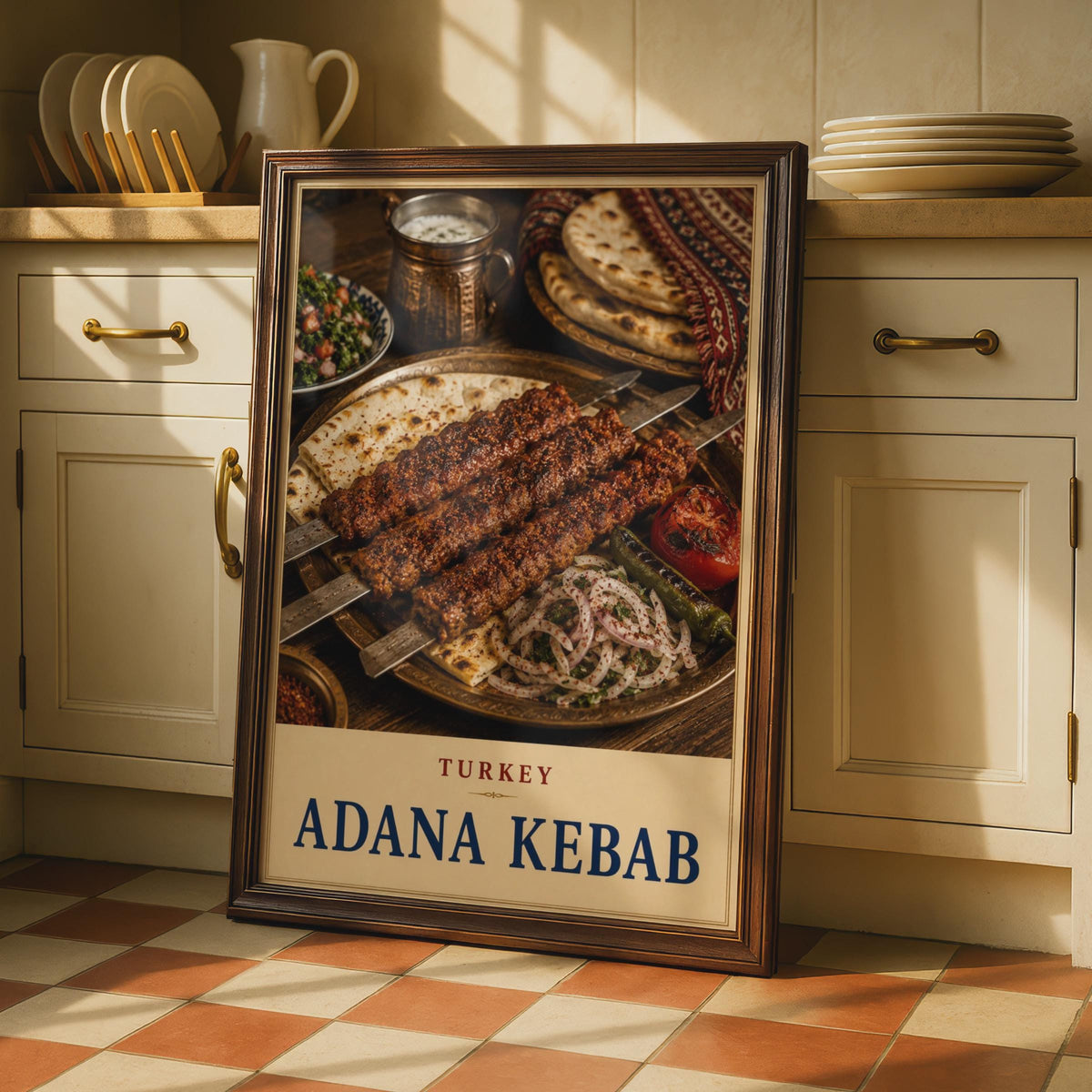 Adana Kebab Turkey Food Poster, Turkish Cuisine Wall Art, Warm Tones Dining Decor