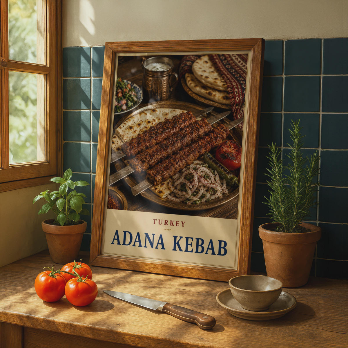 Adana Kebab Turkey Food Poster, Turkish Cuisine Wall Art, Warm Tones Dining Decor