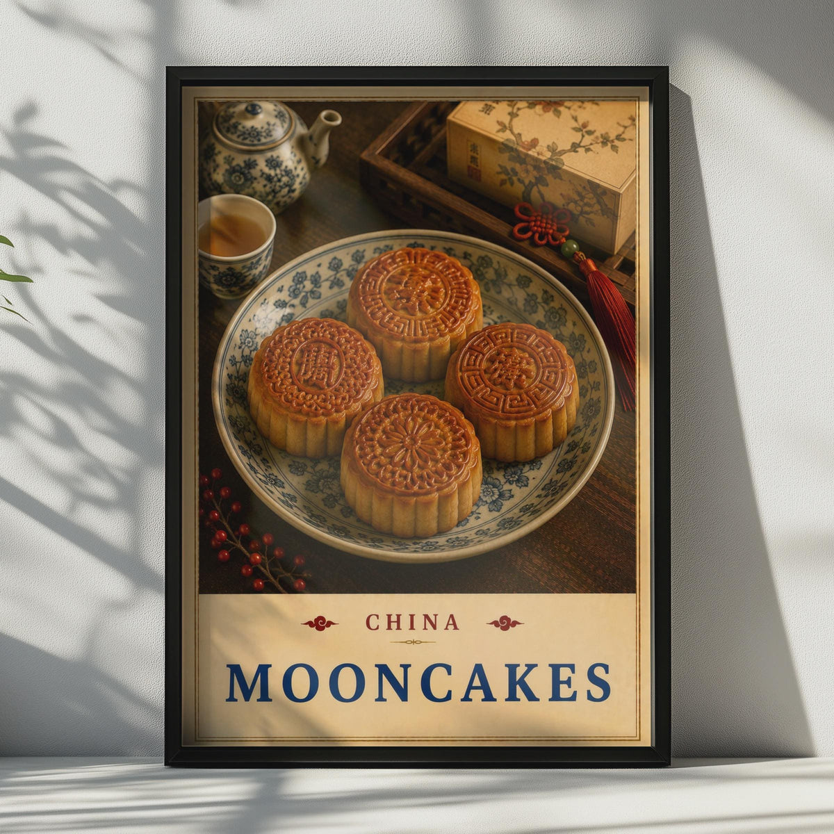 China Mooncakes Poster, Traditional Tea Culture, Mid-Autumn Festival Art (Print)