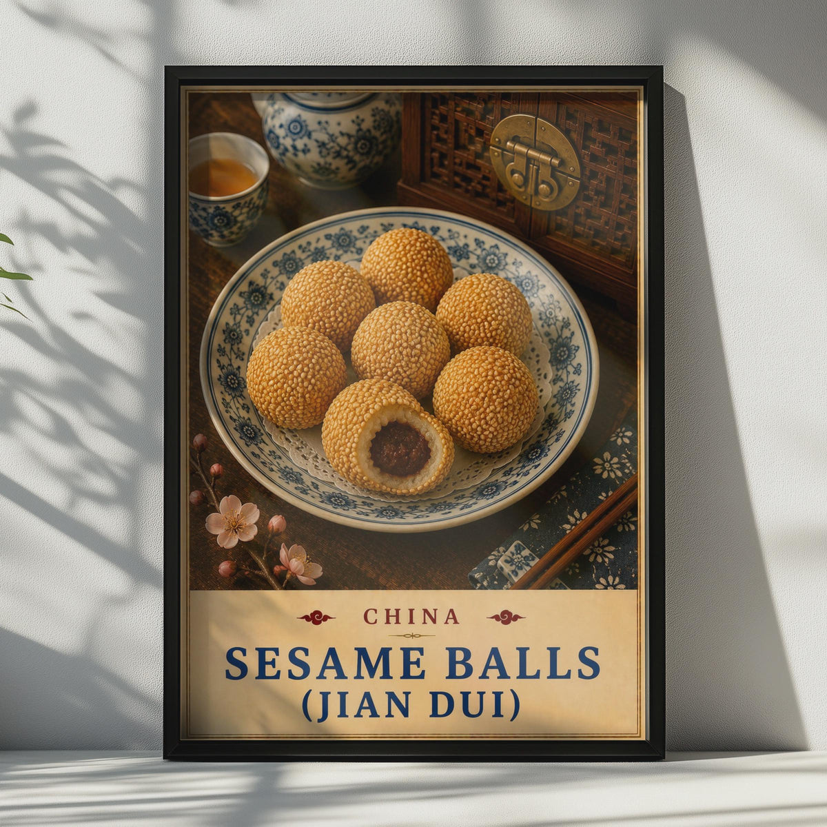 Chinese Sesame Balls (Jian Dui) Poster, Asian Street Food Wall Art, Dim Sum Print