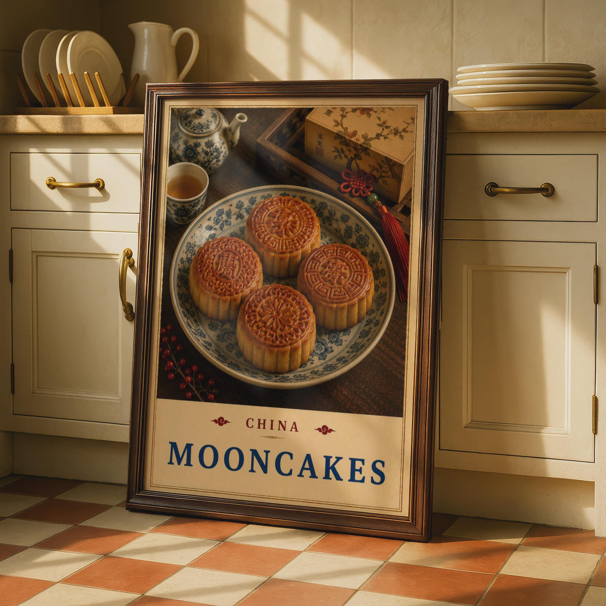 China Mooncakes Poster, Traditional Tea Culture, Mid-Autumn Festival Art (Print)