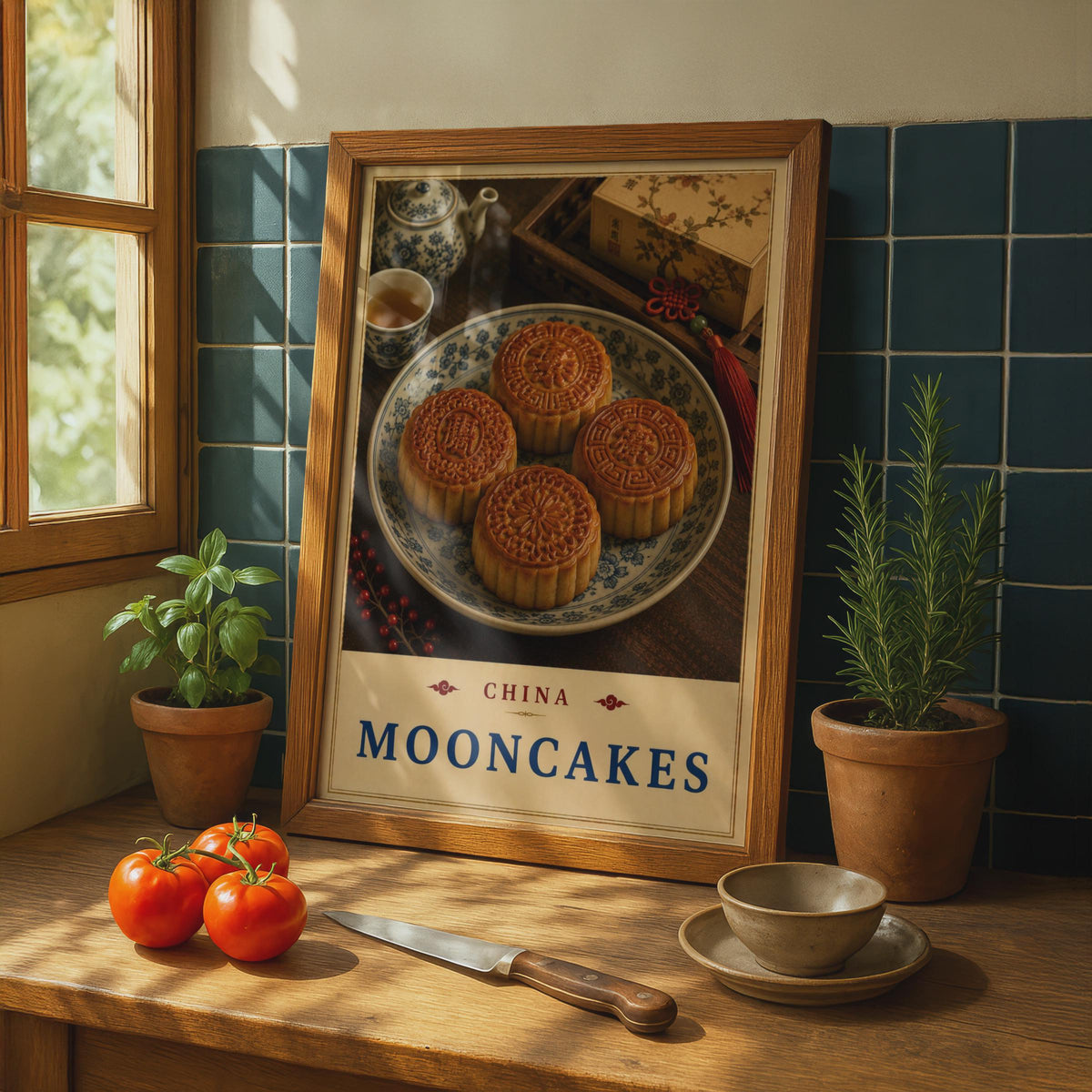 China Mooncakes Poster, Traditional Tea Culture, Mid-Autumn Festival Art (Print)