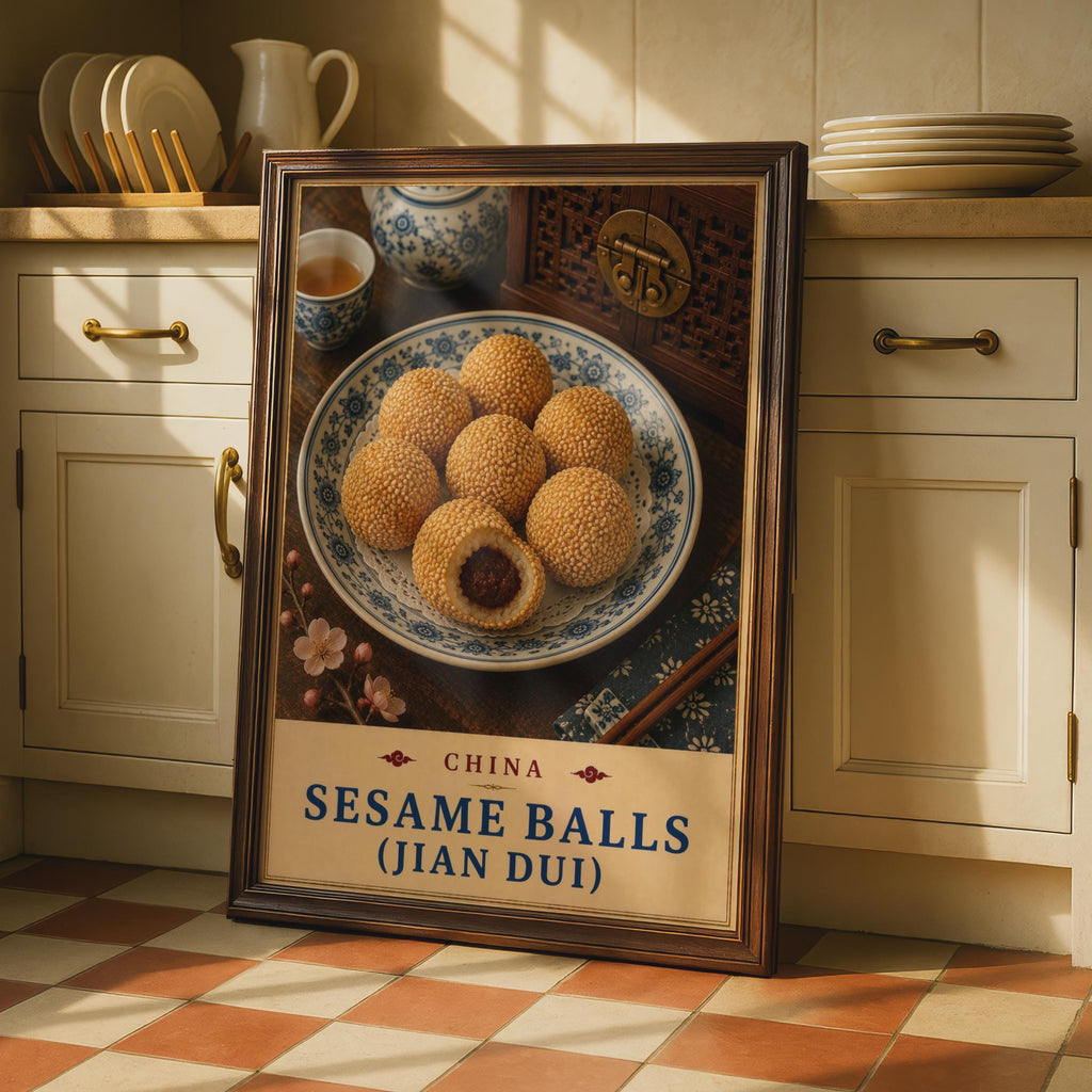 Chinese Sesame Balls (Jian Dui) Poster, Asian Street Food Wall Art, Dim Sum Print
