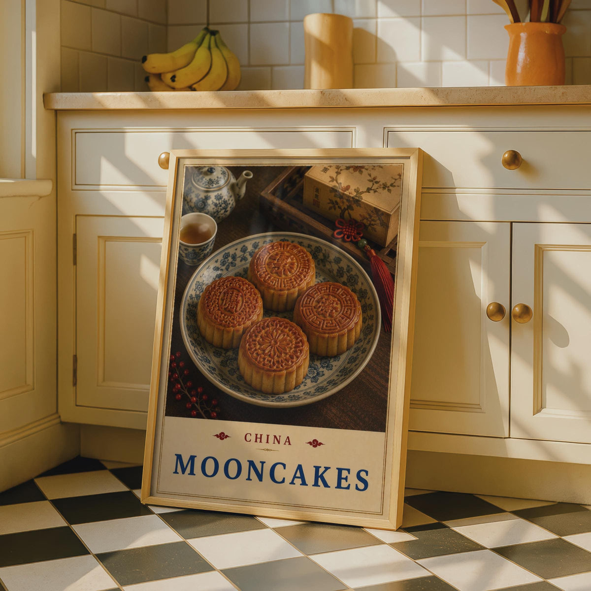 China Mooncakes Poster, Traditional Tea Culture, Mid-Autumn Festival Art (Print)