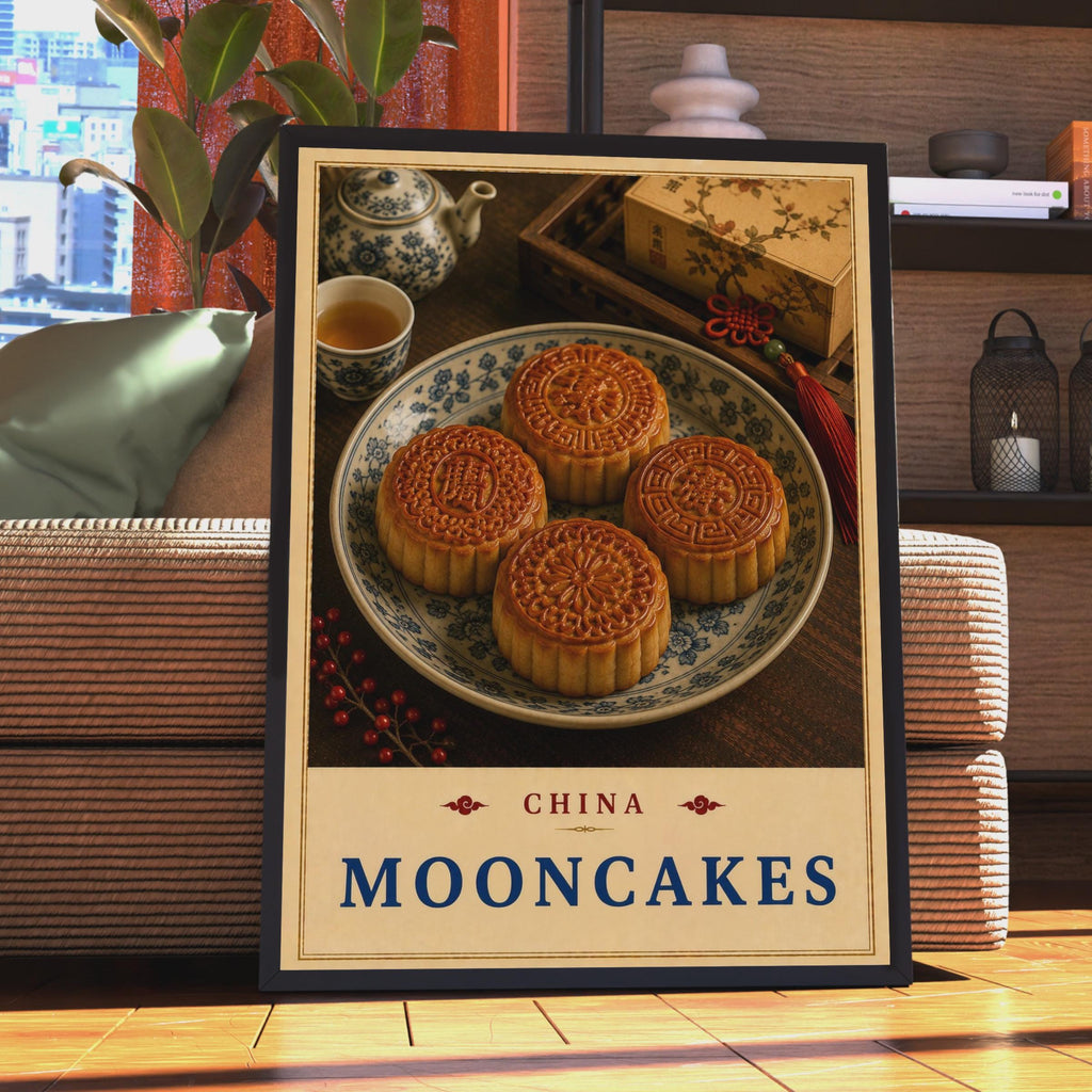 China Mooncakes Poster, Traditional Tea Culture, Mid-Autumn Festival Art (Print)