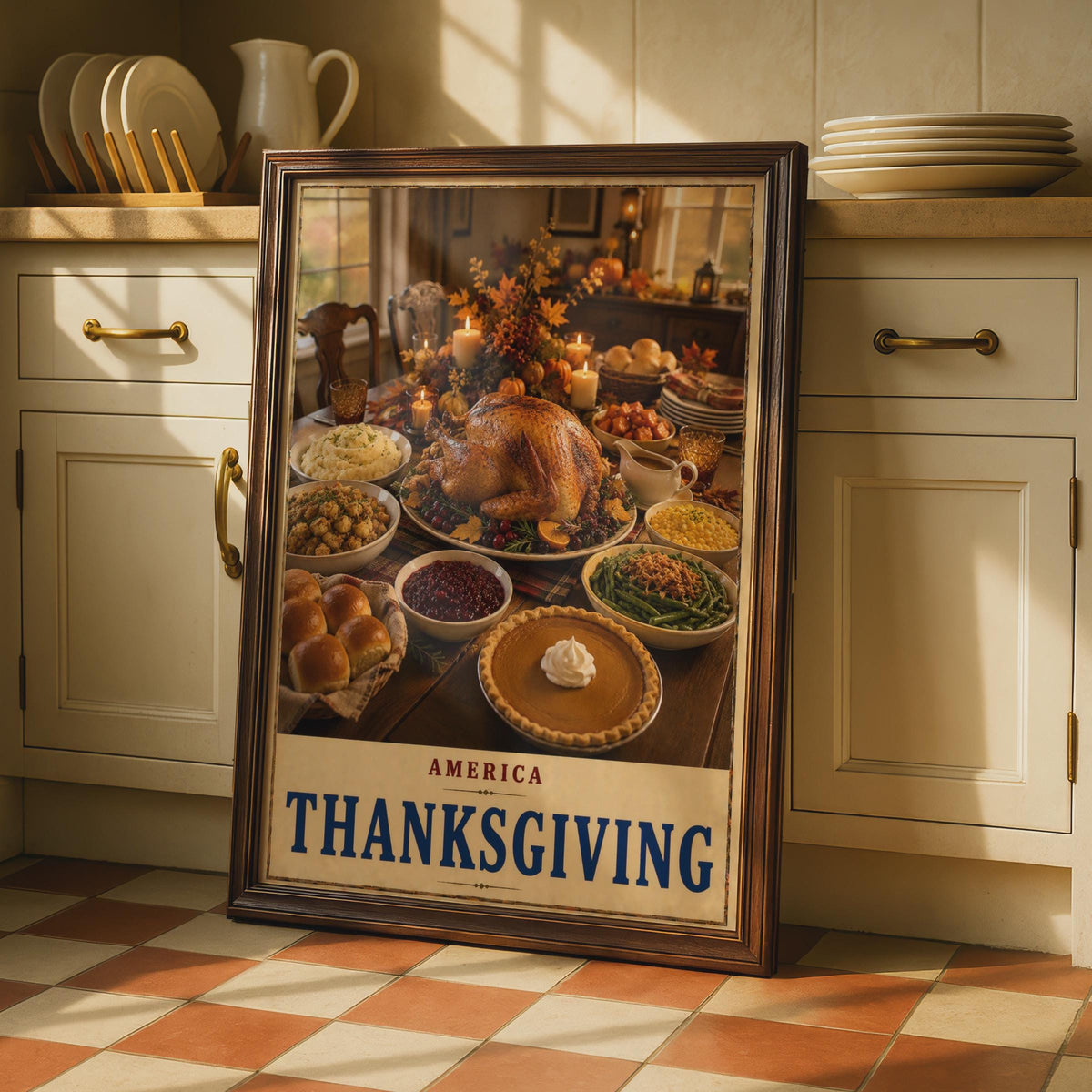 America Thanksgiving Poster, Traditional Feast Wall Art, Autumn Dining Room Decor