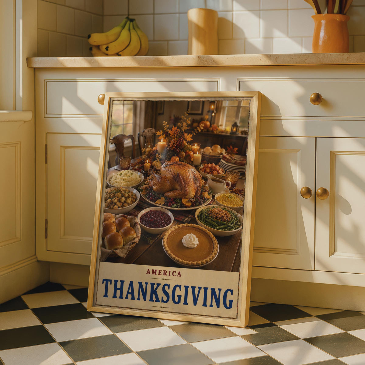 America Thanksgiving Poster, Traditional Feast Wall Art, Autumn Dining Room Decor