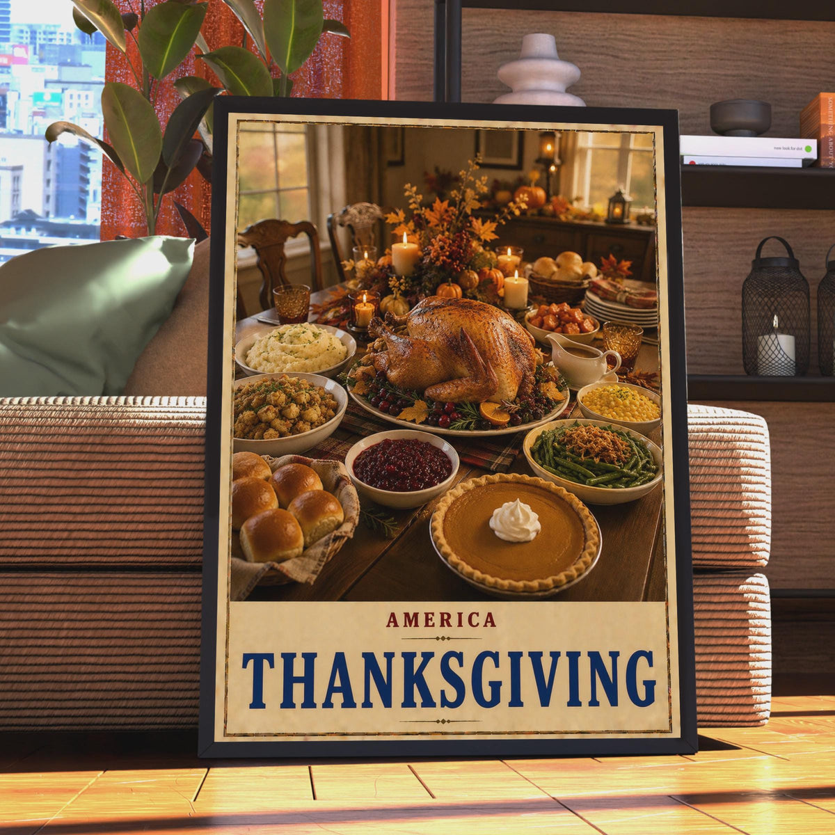 America Thanksgiving Poster, Traditional Feast Wall Art, Autumn Dining Room Decor