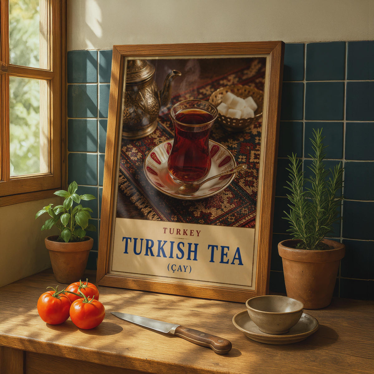 Turkish Tea (Çay) Poster, Vintage Travel Art, Warm Tones, Cafe Decor