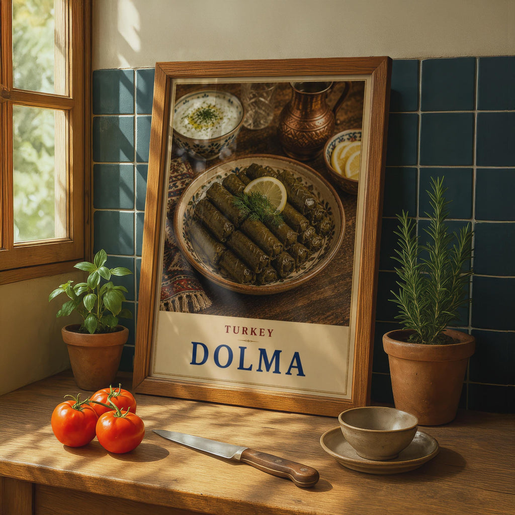 Turkish Dolma Food Poster, Mediterranean Cuisine Wall Art, Stuffed Vine Leaves (Print)