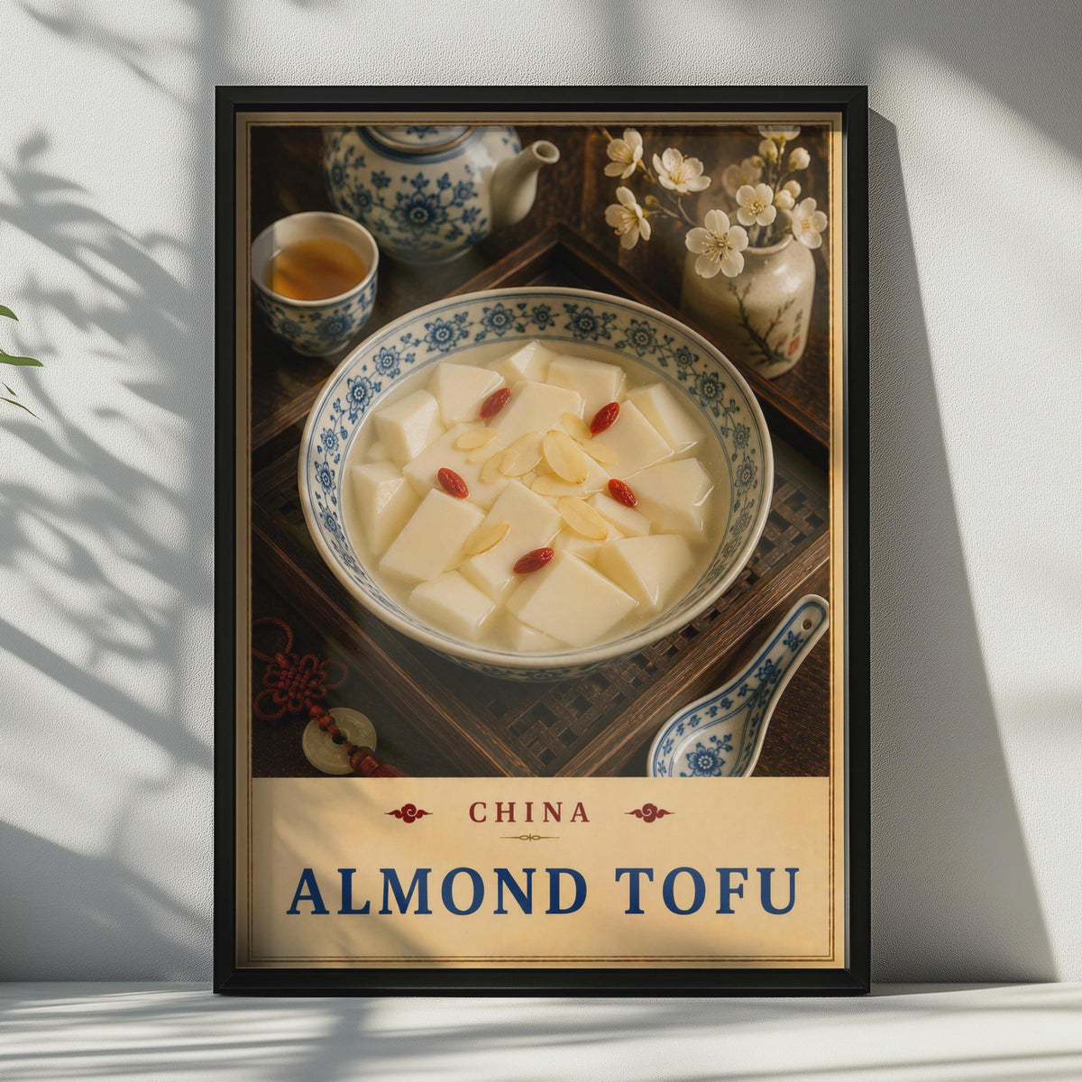 Chinese Almond Tofu Food Poster, Blue White Porcelain, Asian Dessert Wall Art (Print)