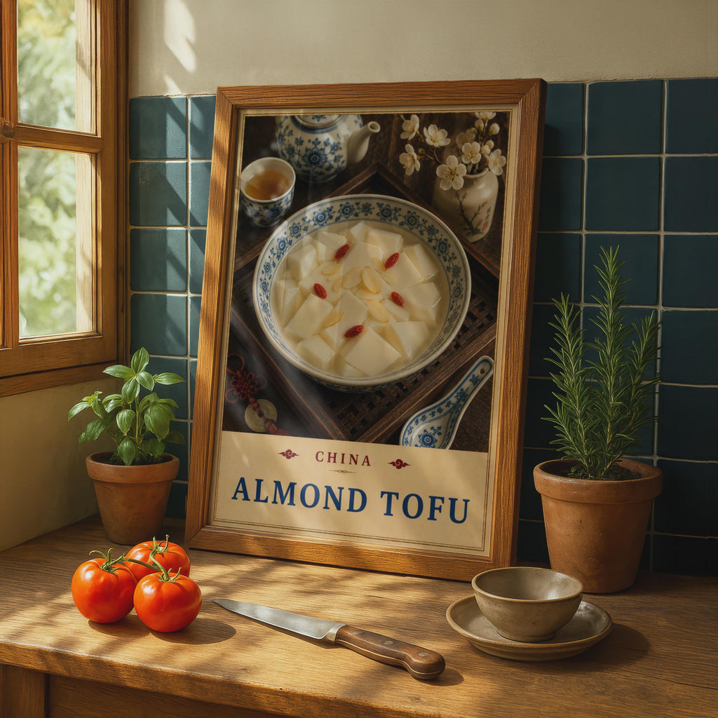 Chinese Almond Tofu Food Poster, Blue White Porcelain, Asian Dessert Wall Art (Print)