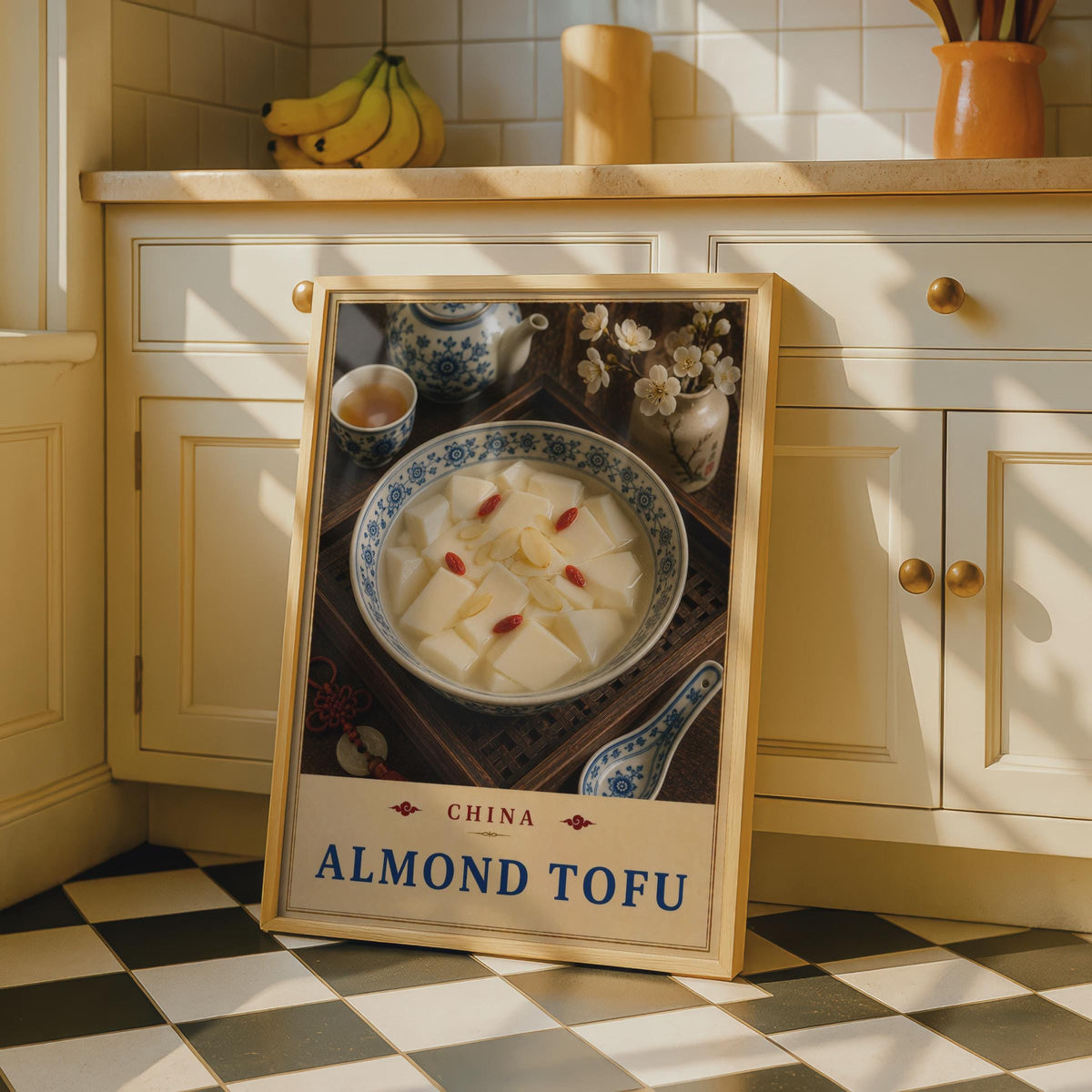 Chinese Almond Tofu Food Poster, Blue White Porcelain, Asian Dessert Wall Art (Print)