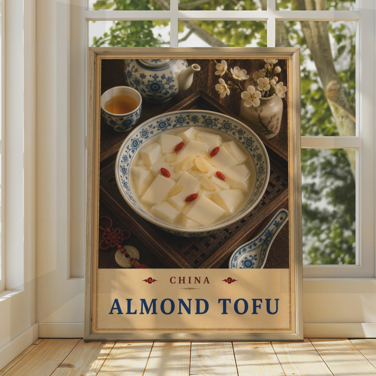 Chinese Almond Tofu Food Poster, Blue White Porcelain, Asian Dessert Wall Art (Print)