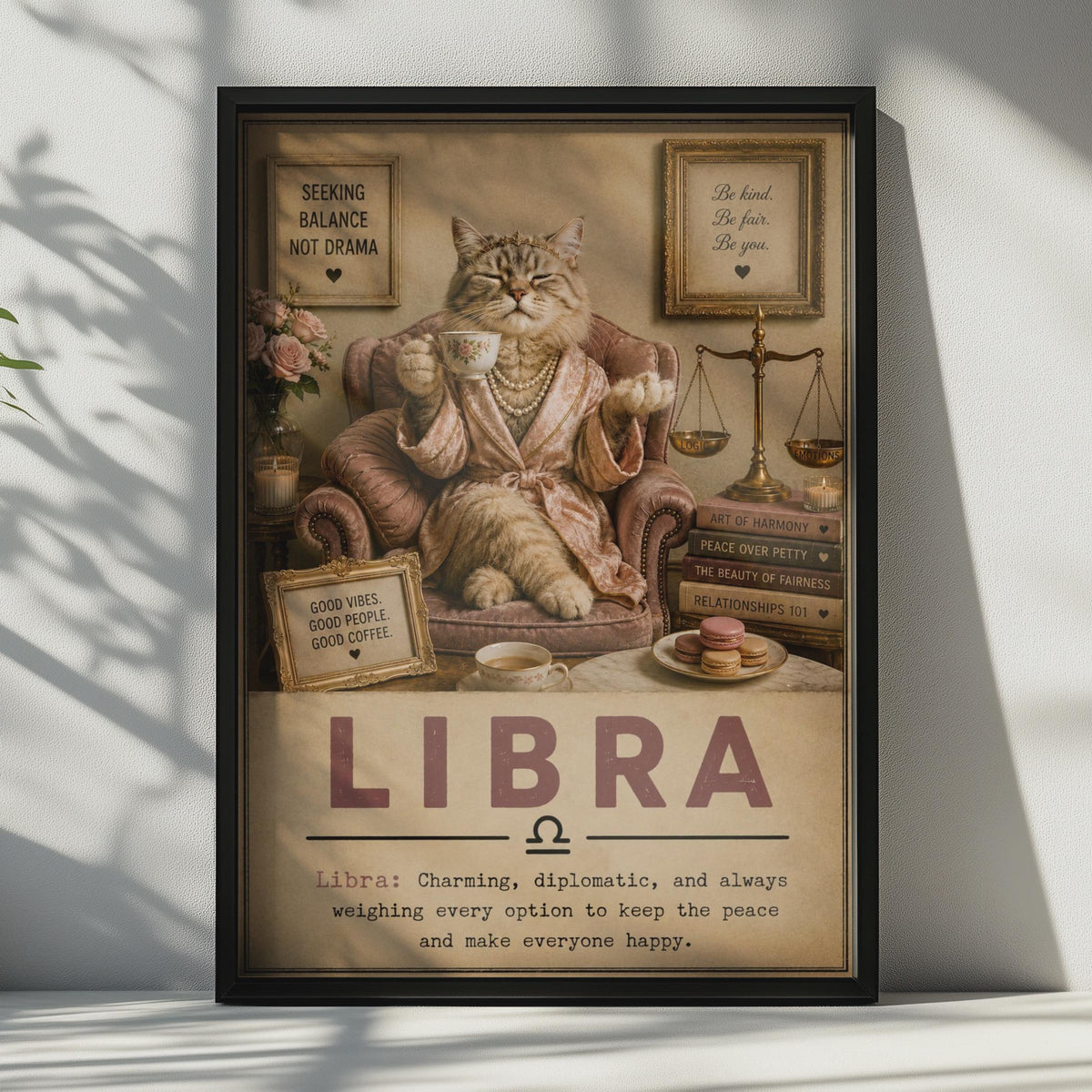 Libra Cat Poster, Zodiac Wall Art, Vintage Style Scales of Justice (Print)