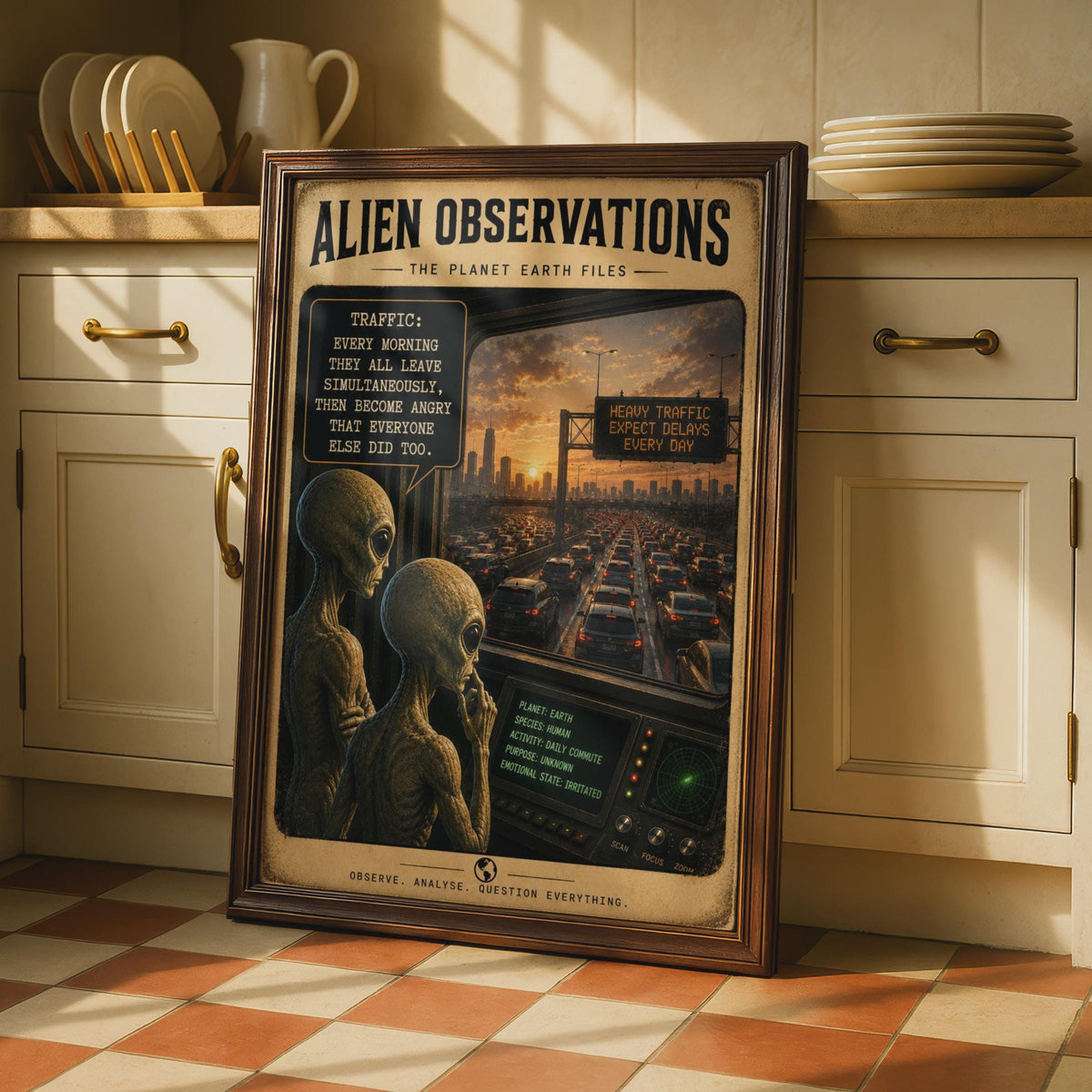 Alien Observations Traffic Poster, Sci-Fi Commuter Humor, Retro Sci-Fi Art Print
