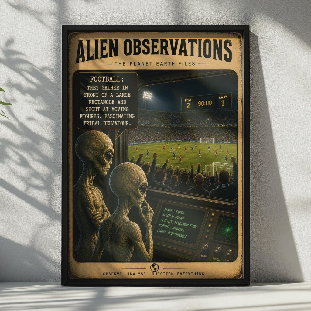Alien Observations Football Poster, Sci-Fi Sports Wall Art, Man Cave Decor