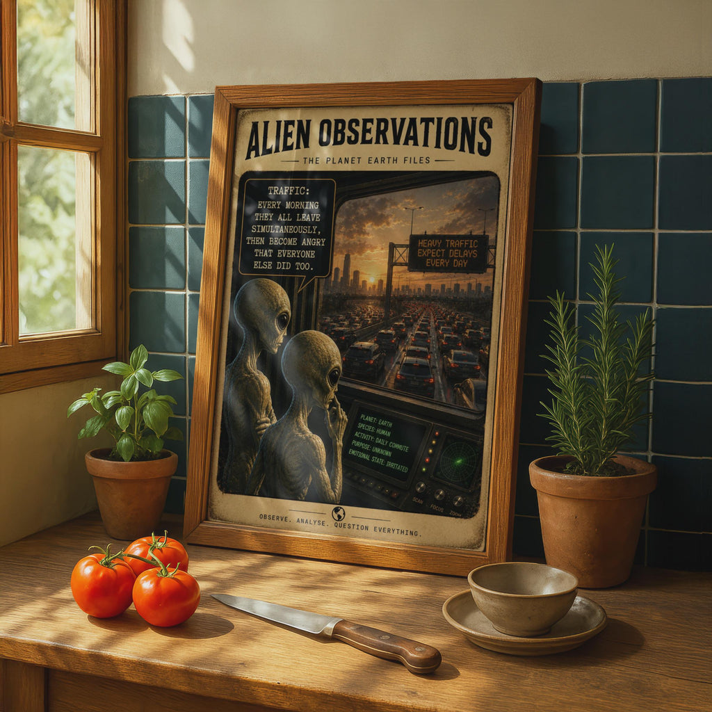 Alien Observations Traffic Poster, Sci-Fi Commuter Humor, Retro Sci-Fi Art Print
