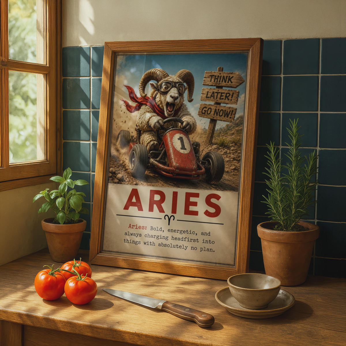 Aries Ram Go-Kart Poster, Funny Zodiac Wall Art, Vintage Style Print