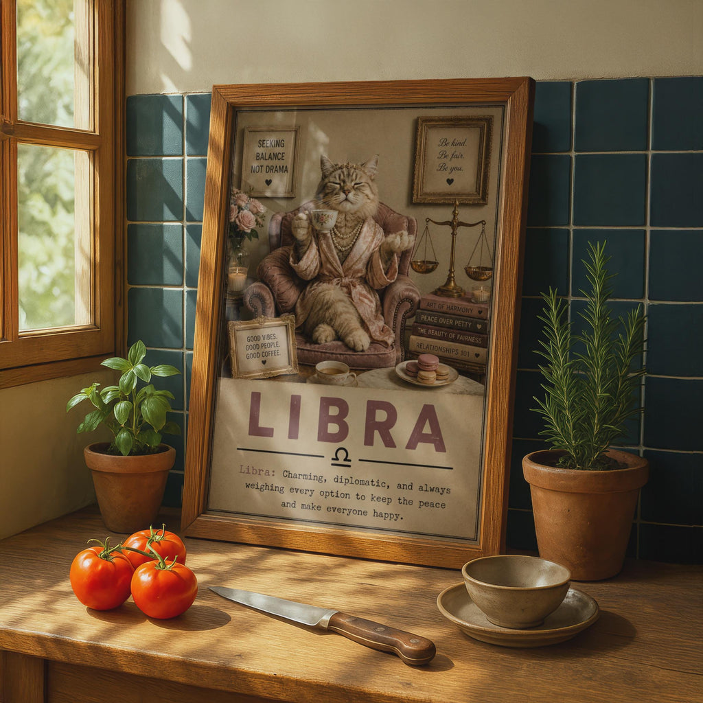 Libra Cat Poster, Zodiac Wall Art, Vintage Style Scales of Justice (Print)
