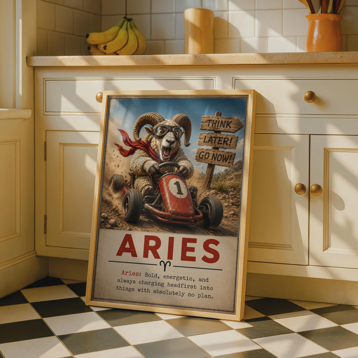 Aries Ram Go-Kart Poster, Funny Zodiac Wall Art, Vintage Style Print