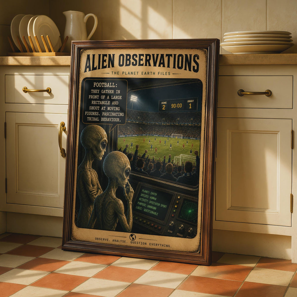 Alien Observations Football Poster, Sci-Fi Sports Wall Art, Man Cave Decor