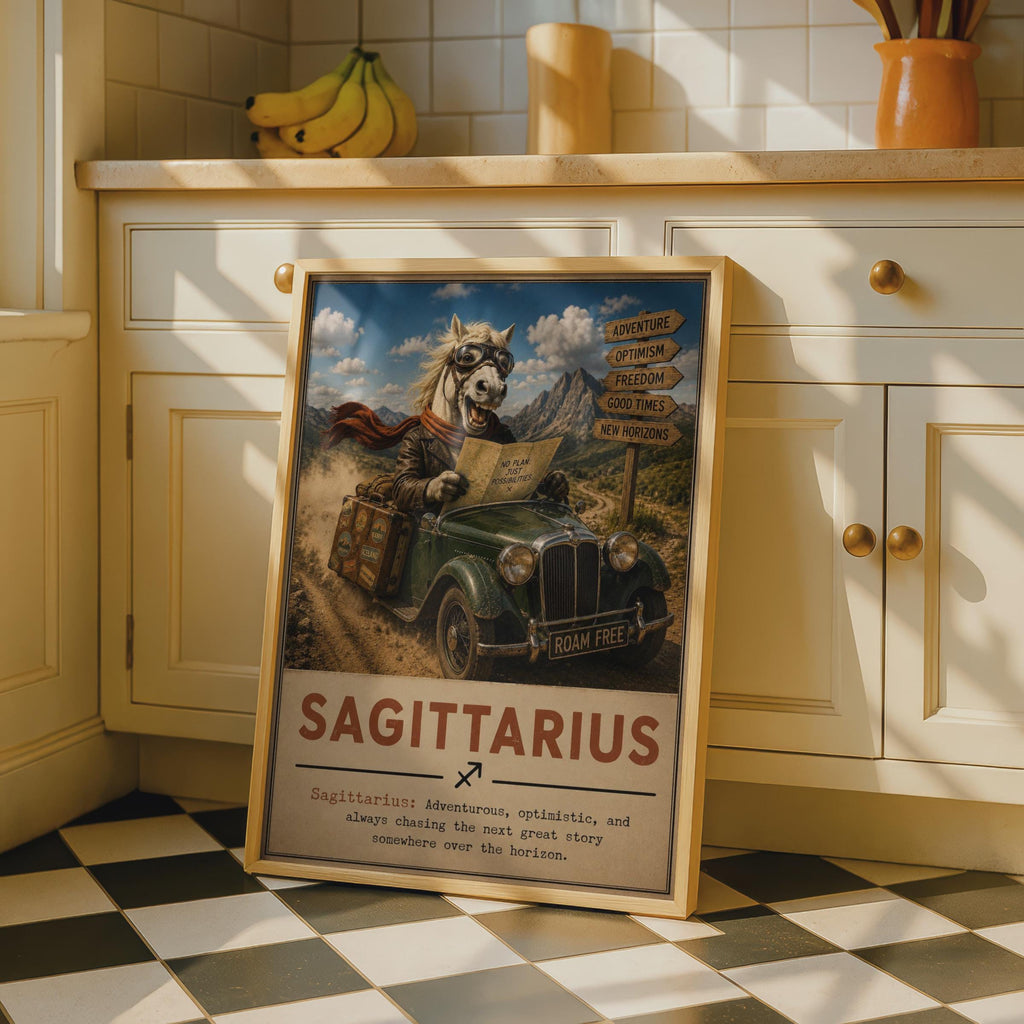 Sagittarius Zodiac Poster, Grinning Horse Travel Art, Retro Adventure Print (Wall Decor)