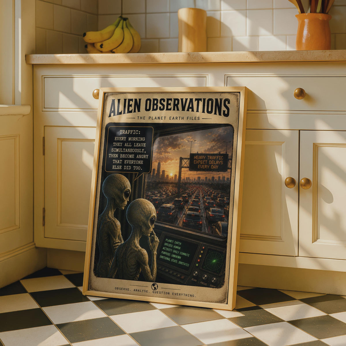 Alien Observations Traffic Poster, Sci-Fi Commuter Humor, Retro Sci-Fi Art Print