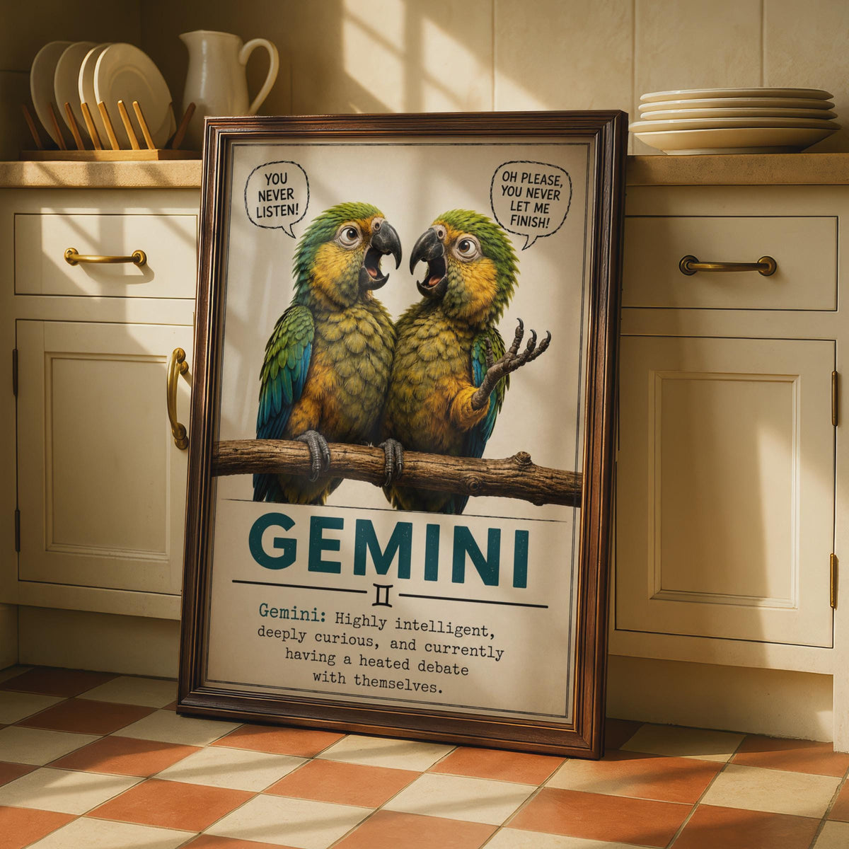 Funny Gemini Zodiac Poster, Bickering Parrots, Teal Vintage Wall Art (Print)