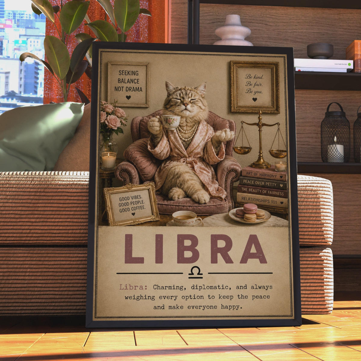 Libra Cat Poster, Zodiac Wall Art, Vintage Style Scales of Justice (Print)