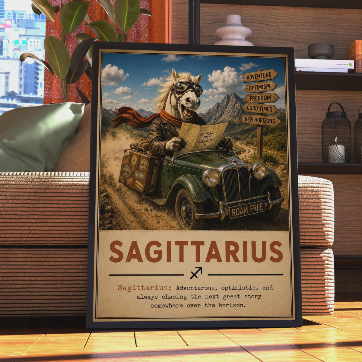Sagittarius Zodiac Poster, Grinning Horse Travel Art, Retro Adventure Print (Wall Decor)