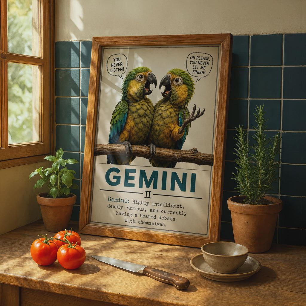Funny Gemini Zodiac Poster, Bickering Parrots, Teal Vintage Wall Art (Print)