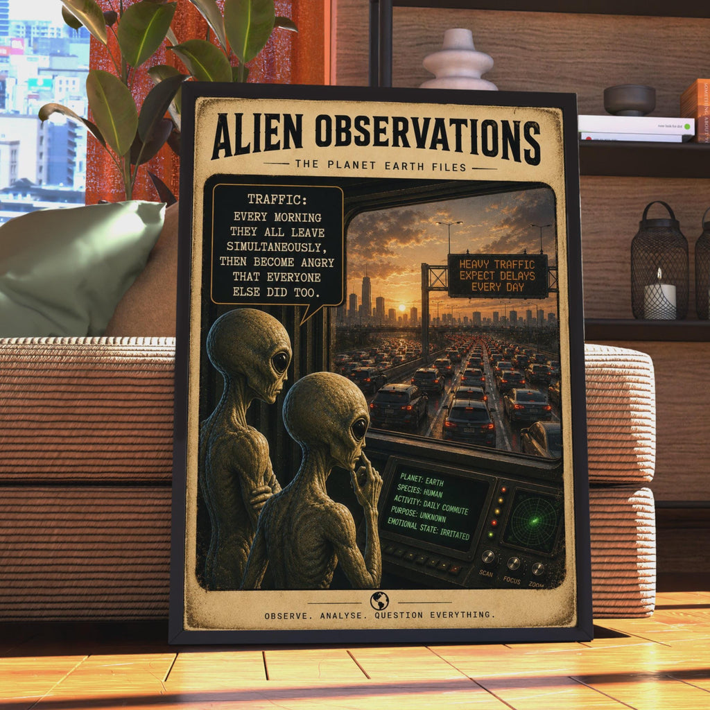 Alien Observations Traffic Poster, Sci-Fi Commuter Humor, Retro Sci-Fi Art Print