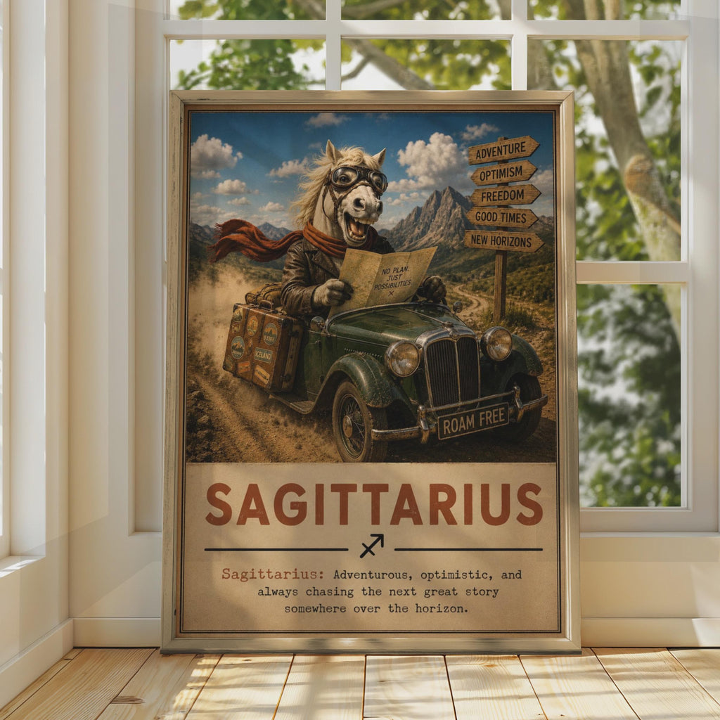 Sagittarius Zodiac Poster, Grinning Horse Travel Art, Retro Adventure Print (Wall Decor)