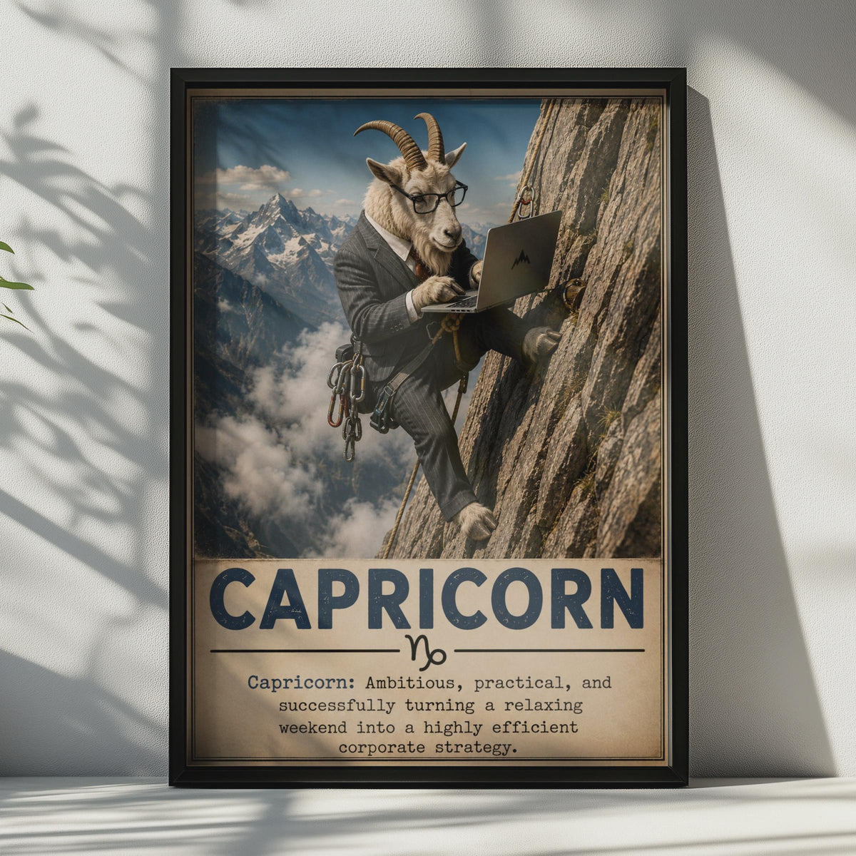 Capricorn Zodiac Poster, Funny Goat in Suit Climbing Mountain, Office Home Decor Print