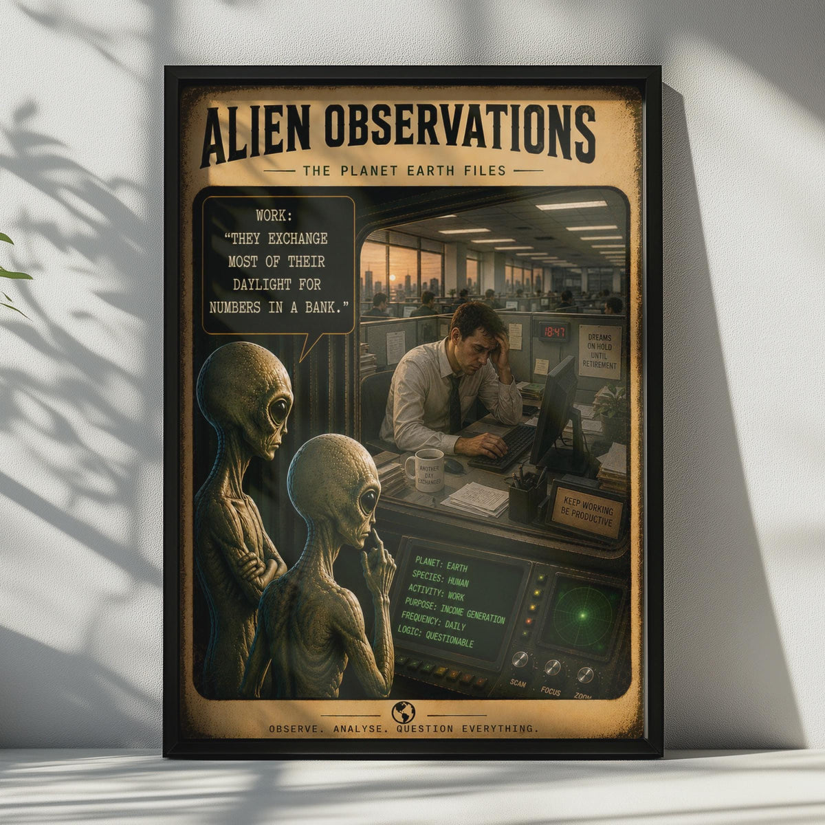 Alien Observations Office Poster, Sarcastic Sci-Fi Work Art, Cubicle Decor (Print)