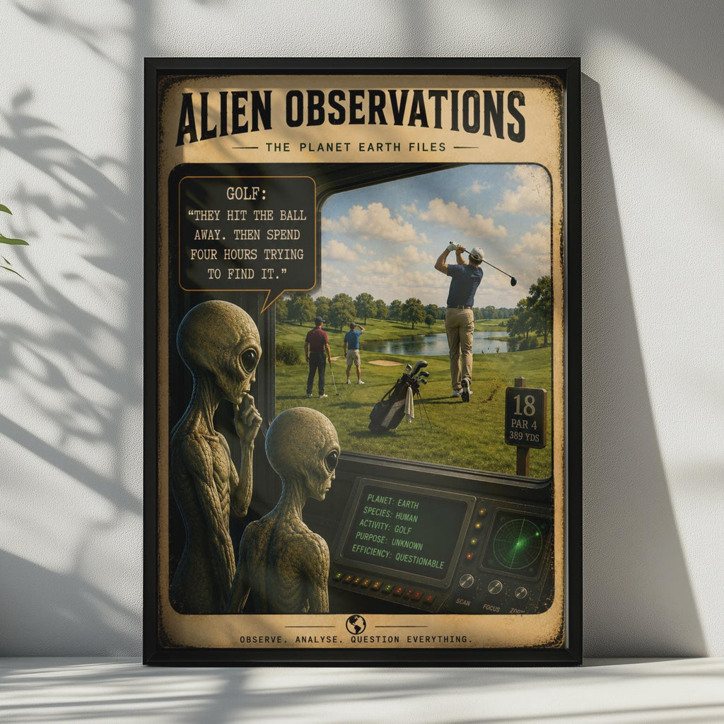 Alien Observations Golf Poster, Retro Sci-Fi Humor Wall Art (Print)