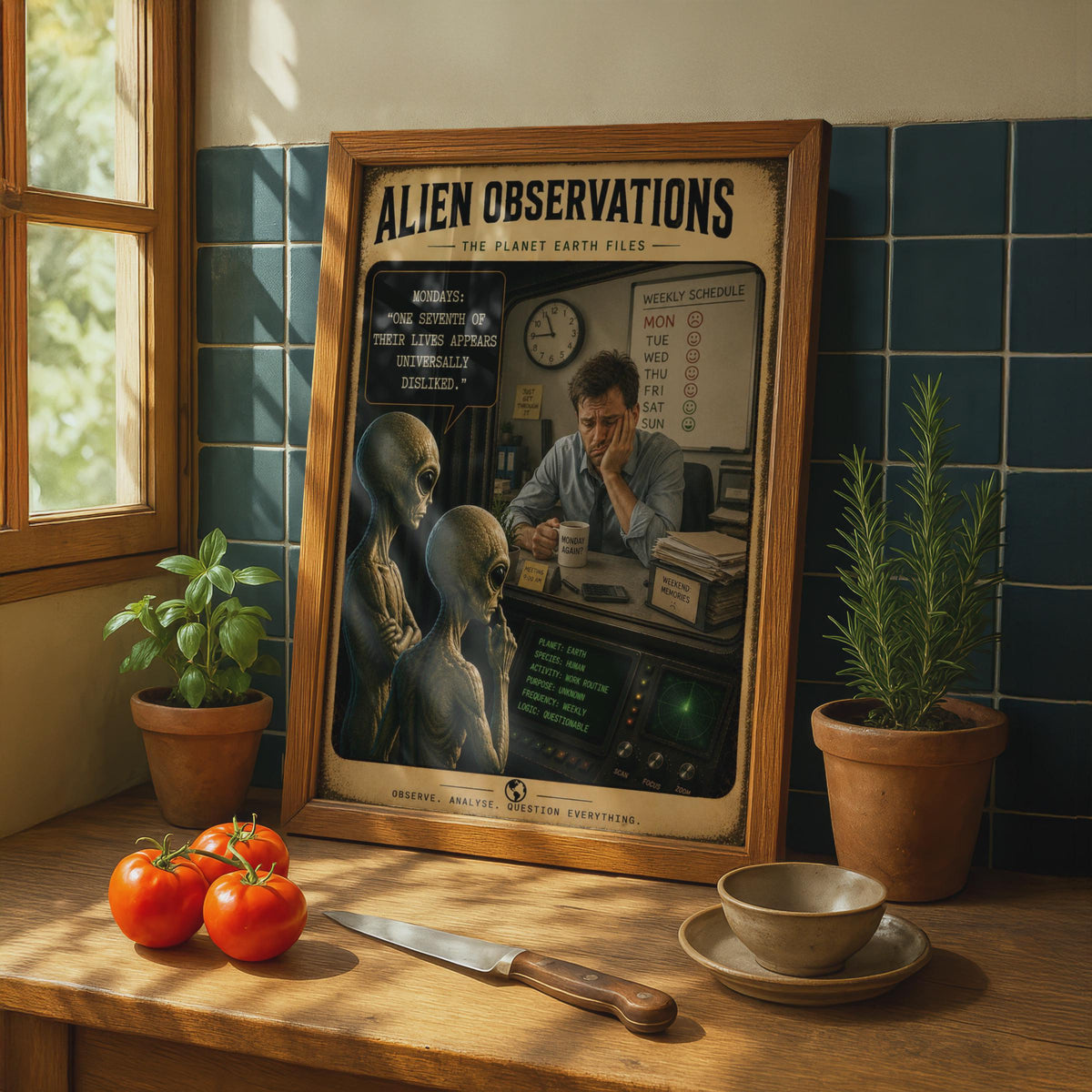 Alien Observations Monday Humor Poster, Retro Sci-Fi Office Wall Art (Print)