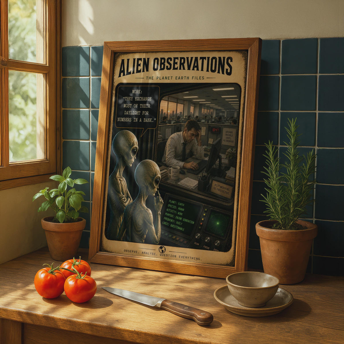Alien Observations Office Poster, Sarcastic Sci-Fi Work Art, Cubicle Decor (Print)