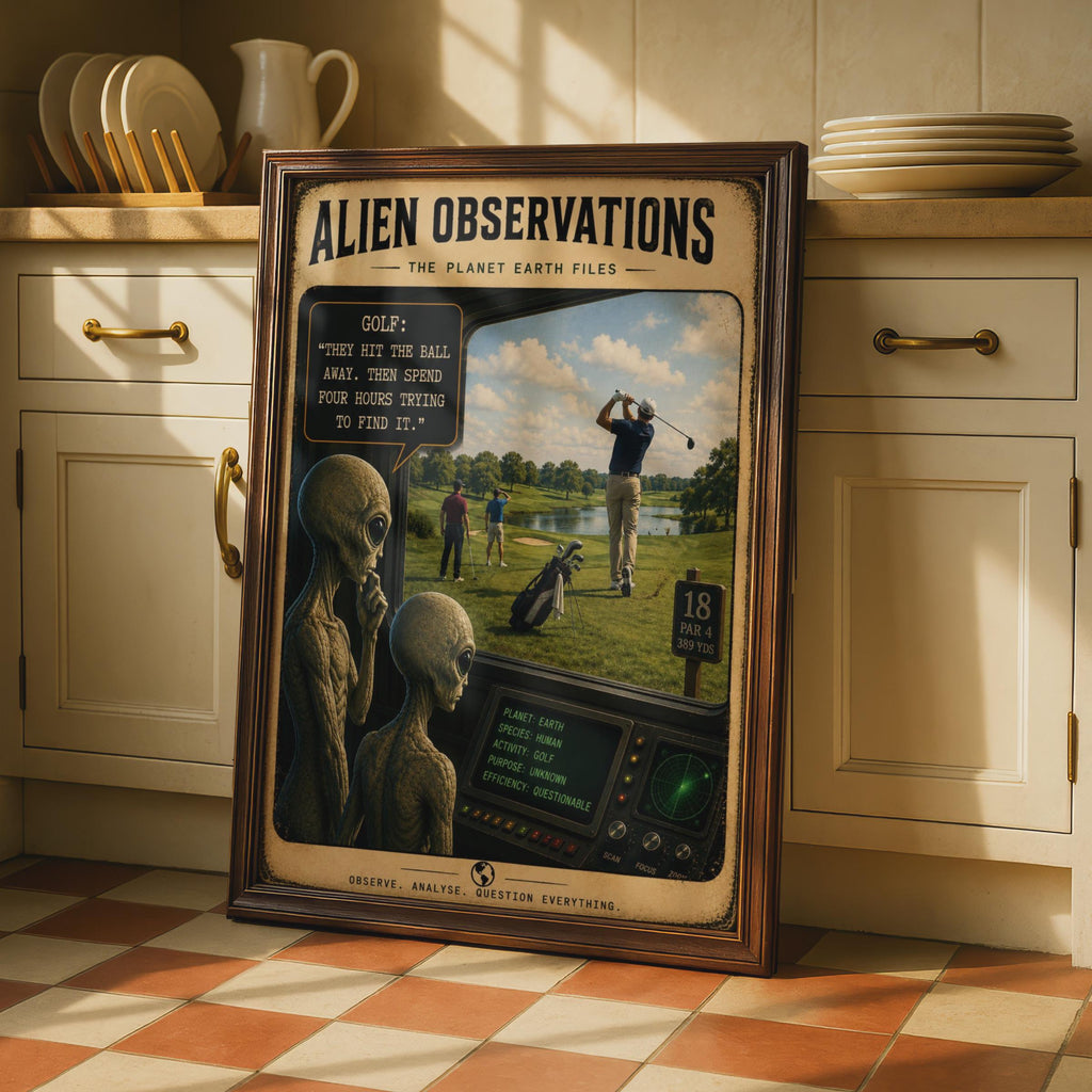 Alien Observations Golf Poster, Retro Sci-Fi Humor Wall Art (Print)