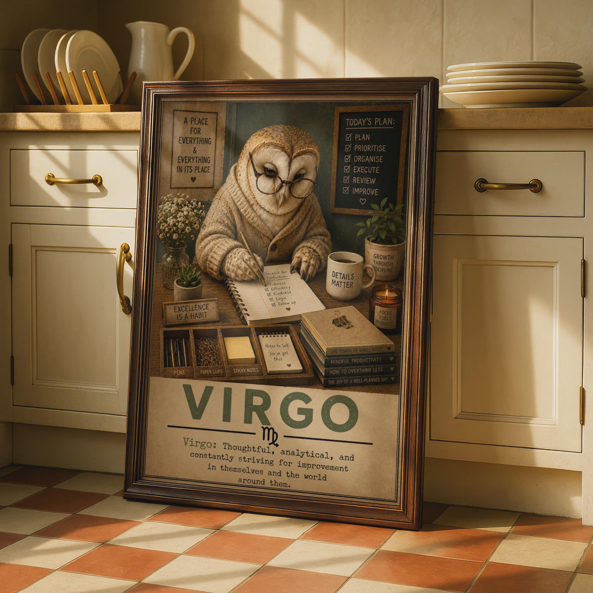 Virgo Zodiac Owl Poster, Vintage Style Desk Decor, Organized Personality Art Print
