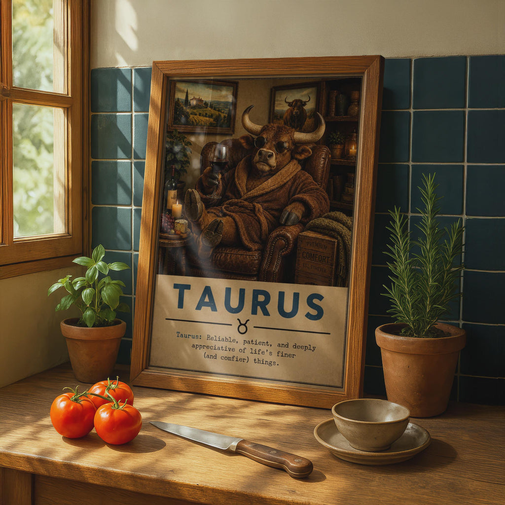 Taurus Zodiac Poster, Funny Bull in Armchair, Astrology Wall Art (Print)